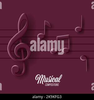 3d note sonore musicali con clef degli alti su note composizione monocromatica scura dello staff Illustrazione Vettoriale