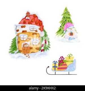 Acquerello Natale insieme con le slitte e regali lo gnomo vicino all'albero di Natale e la casa del pan di zenzero nella neve. Foto Stock