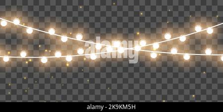 Luci di Natale. Ghirlande di Natale. Luce brillante per il design dei biglietti d'auguri per le festività. Ghirlande, lampade di Natale decorazioni. Illustrazione Vettoriale