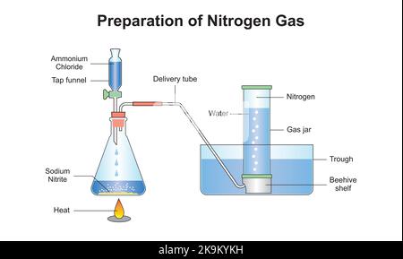 Progettazione scientifica della preparazione di azoto gassoso. Simboli colorati. Illustrazione vettoriale. Illustrazione Vettoriale