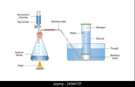 Progettazione scientifica della preparazione di azoto gassoso. Simboli colorati. Illustrazione vettoriale. Illustrazione Vettoriale