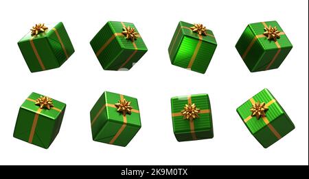 regali di natale verde su sfondo bianco, diversi angoli di vista - rendering 3d Foto Stock
