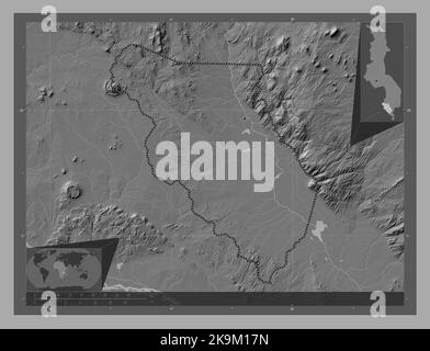 Chikwawa, distretto del Malawi. Mappa altimetrica bilivello con laghi e fiumi. Mappe delle posizioni ausiliarie degli angoli Foto Stock