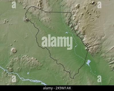 Chikwawa, distretto del Malawi. Mappa dell'altitudine colorata in stile wiki con laghi e fiumi Foto Stock