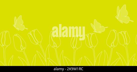 Illustrazione dello sfondo di Springtime senza giunture con semplici disegni di linee tulipani, farfalle e spazio di testo. Ripetibile orizzontalmente. Illustrazione Vettoriale