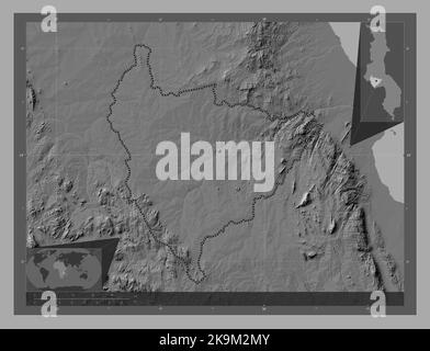 Lilongwe, distretto del Malawi. Mappa altimetrica bilivello con laghi e fiumi. Mappe delle posizioni ausiliarie degli angoli Foto Stock