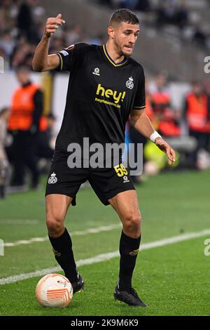 Ismael Kandouss di Union ha fatto foto in azione durante una partita di calcio tra lo svedese Malmo Fotbollforening e il belga Royale Union Saint-Gilloise, giovedì 27 ottobre 2022 a Malmo, il giorno 5 della tappa del gruppo UEFA Europa League. FOTO DI BELGA LAURIE DIEFFEMBACQ Foto Stock