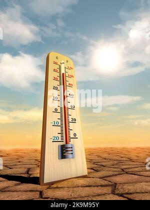 Aumento delle temperature causato dal riscaldamento globale. Illustrazione digitale, rendering 3D. Foto Stock