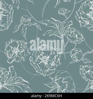 Disegno vettoriale a mano senza cuciture con fiori di peonia, gemme e foglie. Isolato su sfondo bianco. Design per inviti, matrimoni o saluti Illustrazione Vettoriale