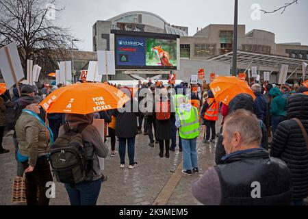 Parlamento di Holyrood, Edimburgo, Scozia, Regno Unito 29th ottobre 2022. Sfidando la pioggia pesante, la dimostrazione dei saboteurs di Edinburgh Hunt con un solo genere e League Against Cruel Sports. I saboteurs di caccia sono un grup non-viloent che si leva in difesa della fauna selvatica. Ci sono 10 cacciate registrate in Scozia, che escono ogni settimana. Credit: Arch White/alamy live news. Foto Stock