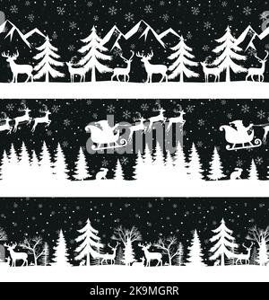 Modello natalizio senza cuciture. Neve paesaggio invernale con cervi. Buon biglietto d'auguri di natale. EPS 10 Illustrazione Vettoriale