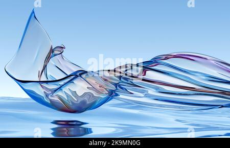 3d astratto sfondo ondulato lucido. Nastro di vetro trasparente che vola sulla superficie di riflessione dell'acqua. Rendering di alta qualità 3D realistico e iridescente Foto Stock