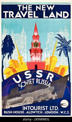 Poster da viaggio russo vintage 1930s. Max Litvak & Robert Fedor LA NUOVA TERRA DI VIAGGIO, URSS RUSSIA SOVIETICA. c 1930 Foto Stock