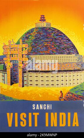 Poster di viaggio dell'India vintage 1930s - Sanchi, visita l'India. Sanchi un complesso buddista, famoso per il suo grande Stupa, su una collina nella città di Sanchi a Raisen Foto Stock