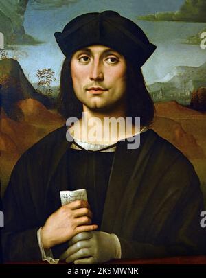 Ritratto di Evangelista Scappi - Ritratto dell'evangelista Scappi 1505 Francesco Francia - Francesco Raibolini 1447 –1517 è stato un pittore italiano Bologna Italia ( il protagonista, notaio bolognese, si affaccia frontalmente allo spettatore, indossa un berretto nero e un vestito su una camicia bianca, abbigliamento delle classi superiori italiane, secoli xv e xvi,. In mano tiene una lettera, evidente è la lezione del Perugino, ) Foto Stock