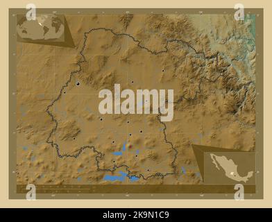 Guanajuato, stato del Messico. Mappa di altitudine colorata con laghi e fiumi. Posizioni delle principali città della regione. Mappe delle posizioni ausiliarie degli angoli Foto Stock