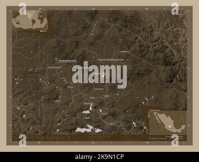 Guanajuato, stato del Messico. Mappa dell'altitudine colorata in tonalità seppia con laghi e fiumi. Località e nomi delle principali città della regione. Aux. D'angolo Foto Stock