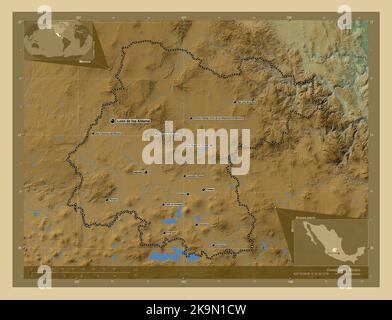 Guanajuato, stato del Messico. Mappa di altitudine colorata con laghi e fiumi. Località e nomi delle principali città della regione. Posizione ausiliaria ad angolo Foto Stock