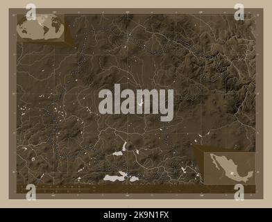 Guanajuato, stato del Messico. Mappa dell'altitudine colorata in tonalità seppia con laghi e fiumi. Mappe delle posizioni ausiliarie degli angoli Foto Stock