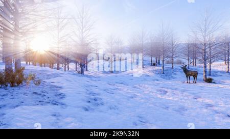Scenario paesaggistico artico, alba mattutina nella foresta di neve con puntate nel campo di neve, rendering 3D Foto Stock