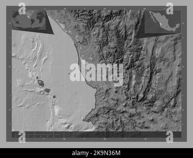 Nayarit, stato del Messico. Mappa altimetrica bilivello con laghi e fiumi. Mappe delle posizioni ausiliarie degli angoli Foto Stock