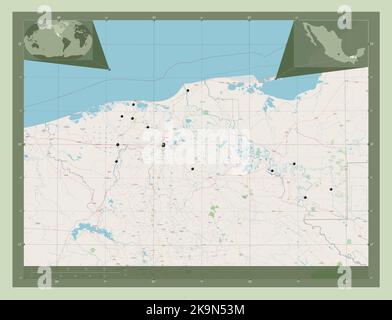 Tabasco, stato del Messico. Aprire la mappa stradale. Posizioni delle principali città della regione. Mappe delle posizioni ausiliarie degli angoli Foto Stock