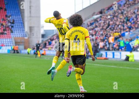 Joao Pedro (10) di Watford celebra il suo obiettivo e lo rende 0-1 durante la partita del campionato Sky Bet tra Wigan Athletic e Watford al DW Stadium di Wigan sabato 29th ottobre 2022. (Credit: Mike Morese | MI News) Credit: MI News & Sport /Alamy Live News Foto Stock