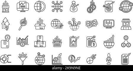 Le icone dei mercati emergenti definiscono il vettore di contorno. Grafico dei pagamenti. Piattaforma FinTech Illustrazione Vettoriale