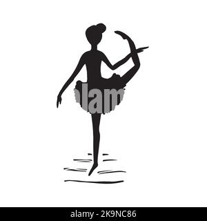 Ballerina ballerina ballerina ballerina ballerina in gonna tutu silhouette nera su sfondo bianco. Illustrazione Vettoriale