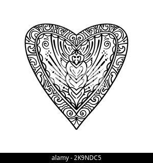 Motivo a forma di cuore simmetrico ornamentale per colorare libri, biglietti, scrapbook Illustrazione Vettoriale