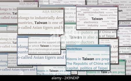 Notizie principali attraverso i media internazionali con Taiwan, l'economia taiwanese e la politica. Concetto astratto dei titoli di notizie sugli schermi di rumore. TV glitch eff Foto Stock