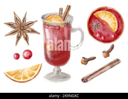 Acquerello Illustrazione di vino in pacciamatura mag e ingredienti per la cottura. Disegno disegnato a mano per la ricetta della tradizionale bevanda calda invernale. Arancione, Foto Stock