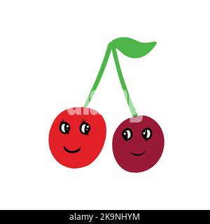 Illustrazione espressiva della frutta carina in stile cartone animato. Divertenti ciliegie rosse con gli occhi e il sorriso. Illustrazione Vettoriale