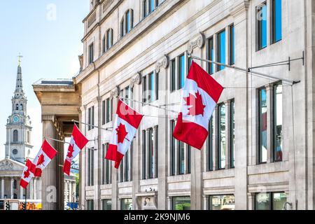 Alta Commissione del Canada o ambasciata canadese a Londra, Regno Unito con fila di molte bandiere su Pall Mall East da Trafalgar Square Foto Stock