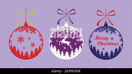 Set di palle di Natale con fiocchi di neve, renne, abeti e ALLEGRI auguri DI NATALE. EPS10 illustrazioni vettoriali. Illustrazione Vettoriale