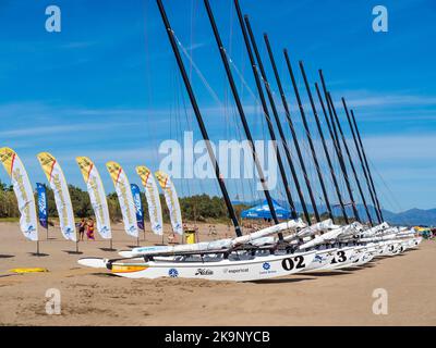 Barche da competizione Hobie 16 pronte a partecipare al Campionato del mondo 23rd presso il campeggio Ballena Alegre. Foto Stock