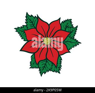 Illustrazione vettore fiore rosso poinsettia. Decorazione natalizia con fiore poinsettia e foglie di agrifoglio. Elemento di design xmas isolato su bianco. Illustrazione Vettoriale