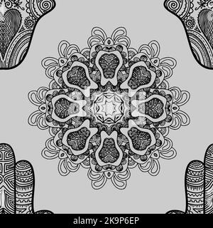 Motivo senza cuciture con mandala e hamsa. Tatuaggio HAMSA henné con ornamento etnico. Illustrazione Vettoriale