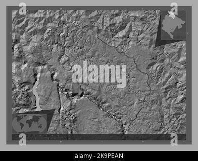 Pljevlja, comune del Montenegro. Mappa altimetrica bilivello con laghi e fiumi. Mappe delle posizioni ausiliarie degli angoli Foto Stock