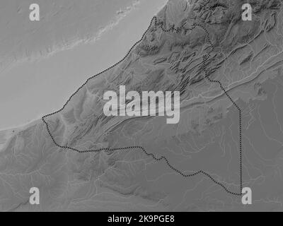 Guelmim-Oued Noun, regione del Marocco. Mappa in scala di grigi con laghi e fiumi Foto Stock