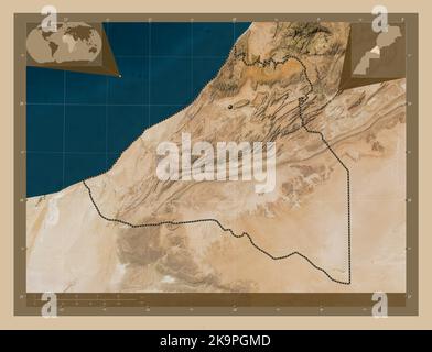 Guelmim-Oued Noun, regione del Marocco. Mappa satellitare a bassa risoluzione. Mappe delle posizioni ausiliarie degli angoli Foto Stock