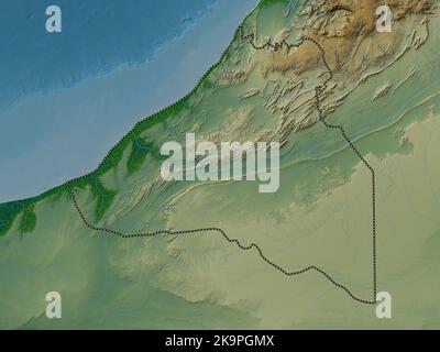 Guelmim-Oued Noun, regione del Marocco. Mappa di altitudine colorata con laghi e fiumi Foto Stock