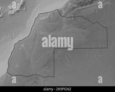 Laayoune-Sakia El Hamra, regione del Marocco. Mappa in scala di grigi con laghi e fiumi Foto Stock