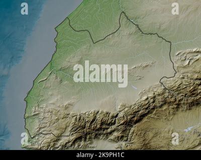 Marrakech-Safi, regione del Marocco. Mappa dell'altitudine colorata in stile wiki con laghi e fiumi Foto Stock