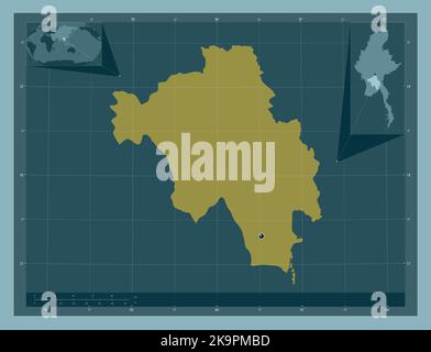 Bago, divisione di Myanmar. Forma a tinta unita. Mappe delle posizioni ausiliarie degli angoli Foto Stock