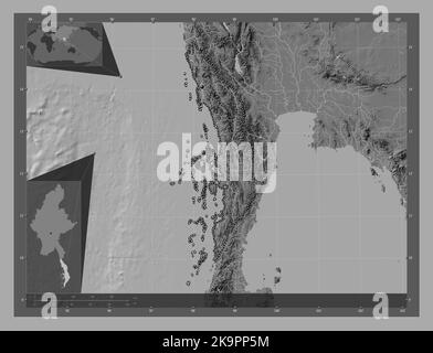 Tanintharyi, divisione di Myanmar. Mappa altimetrica bilivello con laghi e fiumi. Mappe delle posizioni ausiliarie degli angoli Foto Stock