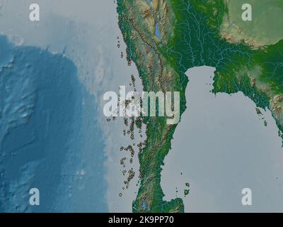 Tanintharyi, divisione di Myanmar. Mappa di altitudine colorata con laghi e fiumi Foto Stock