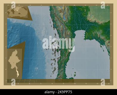 Tanintharyi, divisione di Myanmar. Mappa di altitudine colorata con laghi e fiumi. Mappe delle posizioni ausiliarie degli angoli Foto Stock