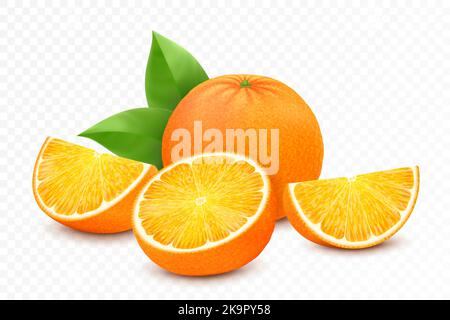 Frutta fresca d'arancia, arancia succosa con foglie, metà, fetta e frutta intera, isolata su fondo bianco. Rappresentazione realistica del vettore 3D Illustrazione Vettoriale
