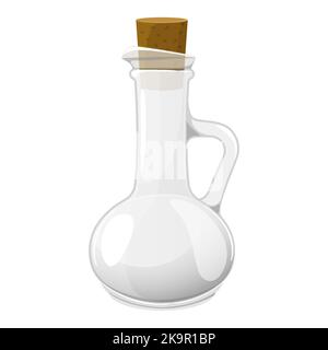 Bottiglia di vetro vuota con tappo in sughero per acqua, vino o olio. Vaso bianco magico per pozioni. Vaso vuoto per latte, aceto o succo. Caraffa con rubinetto Illustrazione Vettoriale